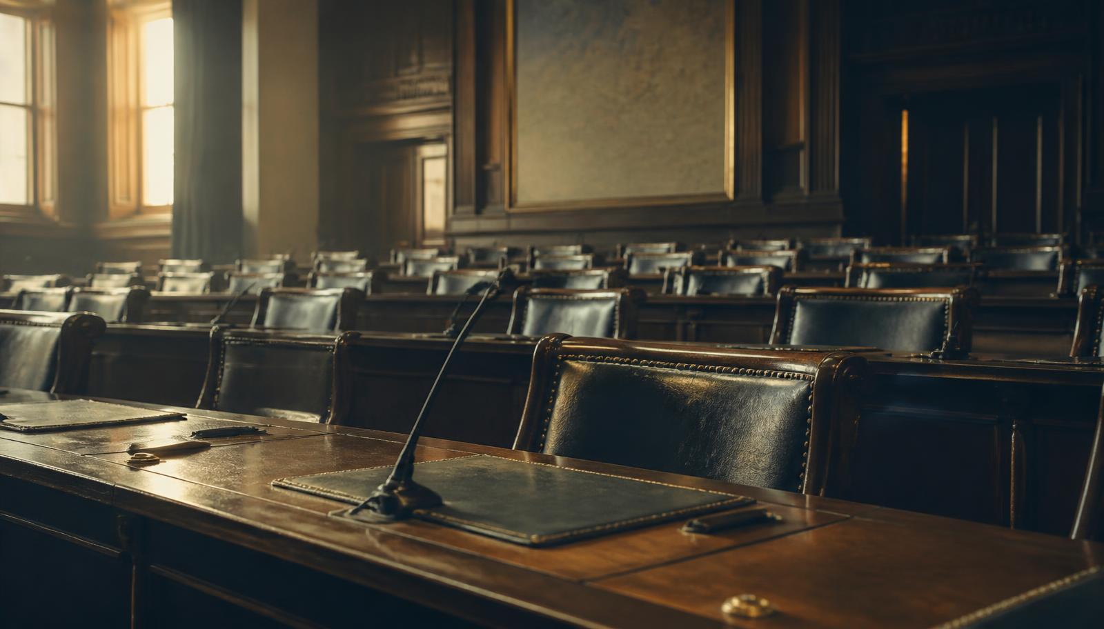 An empty legislative committee room at dawn, rows of wooden desks and worn leather chairs in soft window light
